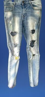 Kloud 9 Men Ripped Jeans 32x32 Blue Paint Splatter Distressed Slim Tapered Y2K